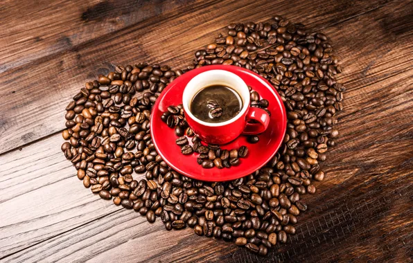 Картинка сердце, кофе, зерна, чашка, красная, блюдце