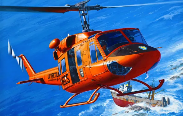 Картинка art, airplane, painting, aviation, Bell USAF UH-1N AB 212 German SAR helicopter