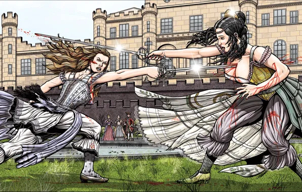 Blood, crowd, blonde, stiletto, tight clothing, duelists, death e, Victorian clothes