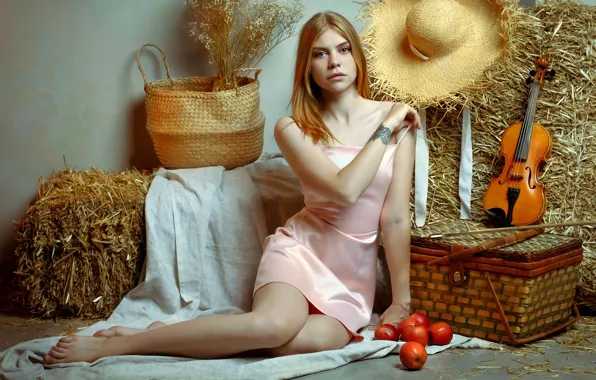 Девушка, скрипка, солома