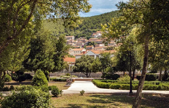 Картинка фото, Дома, Город, Деревья, Кусты, Парк, Хорватия, Blato Korčula Island