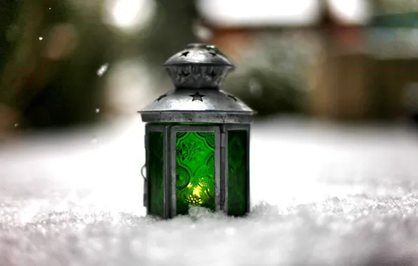 Зима, свет, снег, зеленый, фон, огонь, widescreen, обои