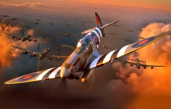 Рисунок, истребитель, Вторая Мировая война, WW2, Supermarine, Британский, Royal Air Force, Avro 683 Lancaster