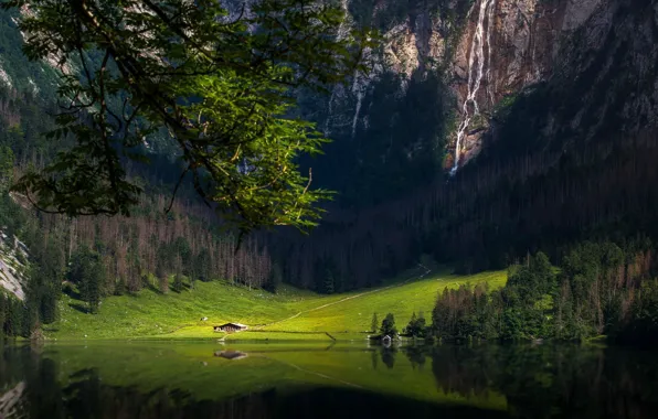 Лес, горы, озеро, водопад, Бавария, Pai shaka