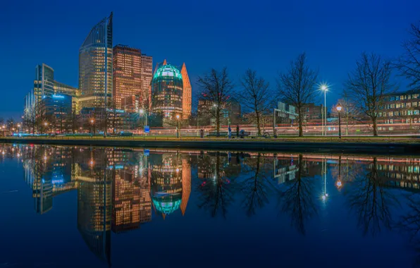 Картинка деревья, отражение, здания, канал, Нидерланды, ночной город, набережная, небоскрёбы