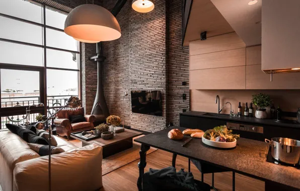 Интерьер, кухня, камин, гостиная, Нью - Йорк, Manhattan Loft