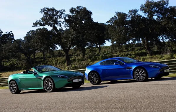 Деревья, Aston Martin, купе, красота, астон мартин, родстер, синяя, зелёная