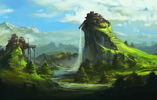 Картинка пейзаж, горы, фантастика, холмы, водопад, арт, форт, постройки