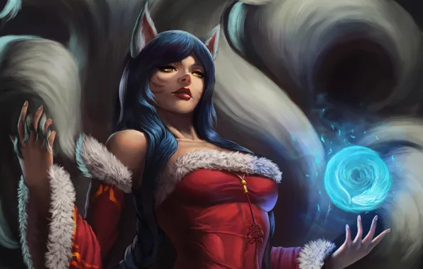 Картинка взгляд, девушка, магия, ушки, art, league of legends, хвосты, ahri