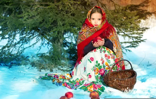 Картинка зима, лес, яблоки, девочка, платок