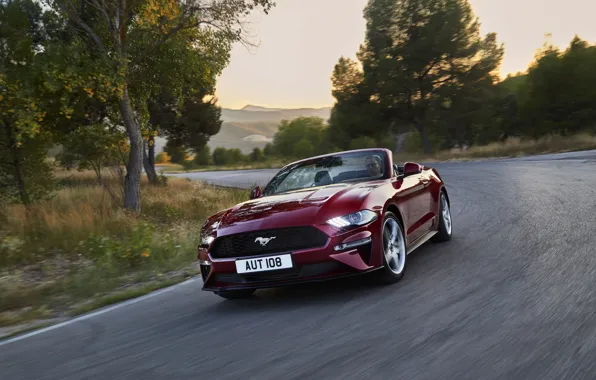 Ford, поворот, кабриолет, 2018, тёмно-красный, Mustang Convertible