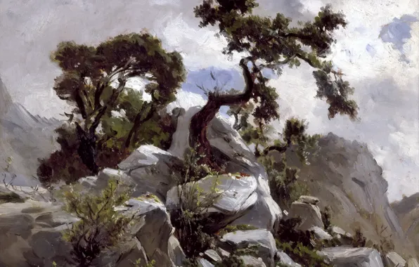 Картинка деревья, природа, камни, скалы, картина, Карлос де Хаэс, Горный Пейзаж