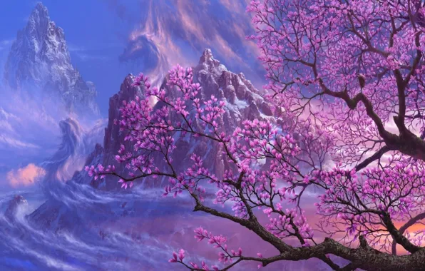 Картинка природа, colors, sky, mountain, tree, magnolia