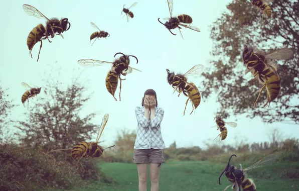 Картинка девушка, насекомые, сон, осы, пчёлы