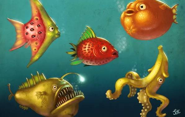 Картинка море, рыбы, фрукты, подводный мир