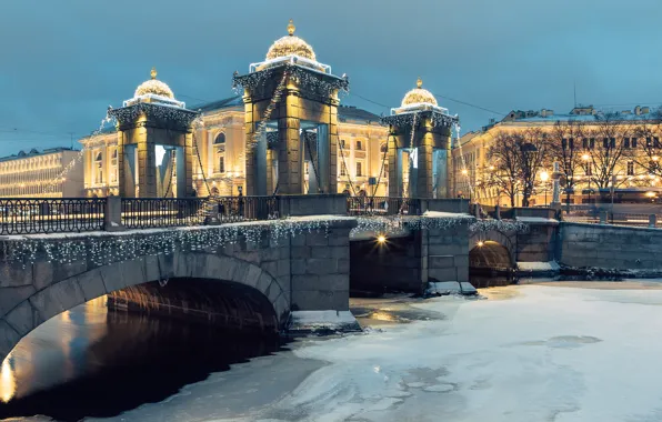 Зима, снег, деревья, мост, город, огни, река, здания