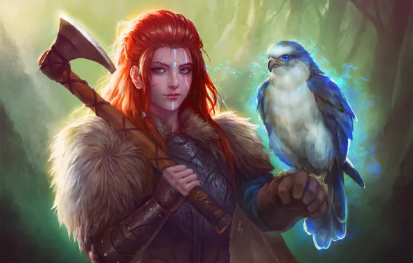 Девушка, Птица, Сокол, Girl, Топор, Companion, Рыжая, Falcon