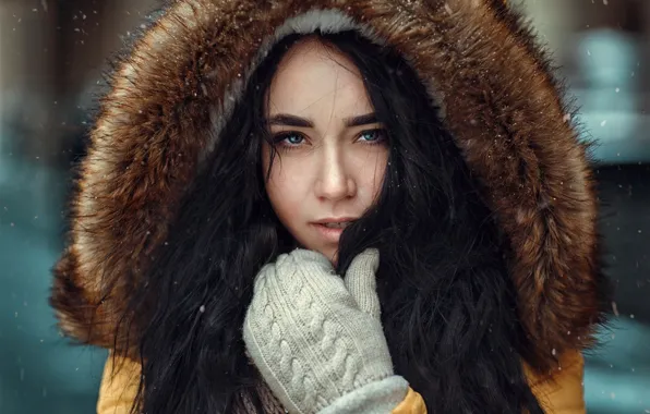 Зима, взгляд, снежинки, портрет, макияж, брюнетка, прическа, капюшон