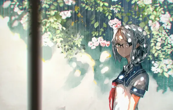 Девушка, цветы, дождь, аниме, арт, очки, форма, школьница
