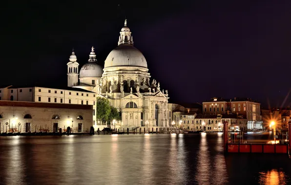 Картинка ночь, огни, Италия, Венеция, собор, канал