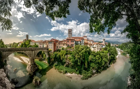 Картинка деревья, мост, река, здания, Италия, панорама, Italy, Фриули-Венеция-Джулия