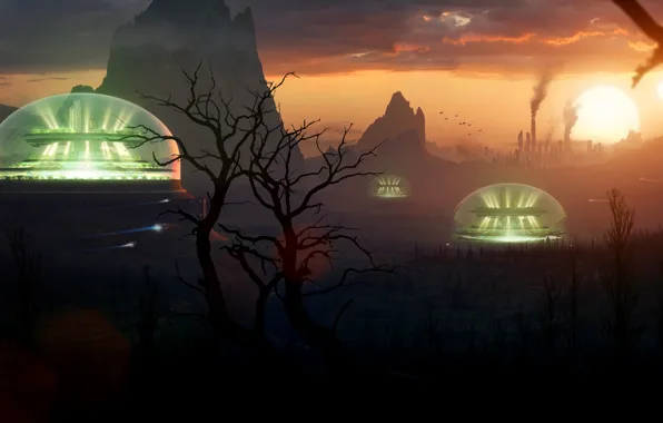 Небо, облака, горы, трубы, дерево, звезда, купол, Domes of Hope