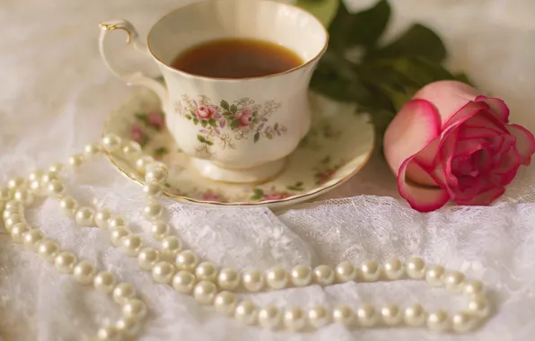 Картинка роза, чашка, rose, cup, drink, tea, чая, pearls
