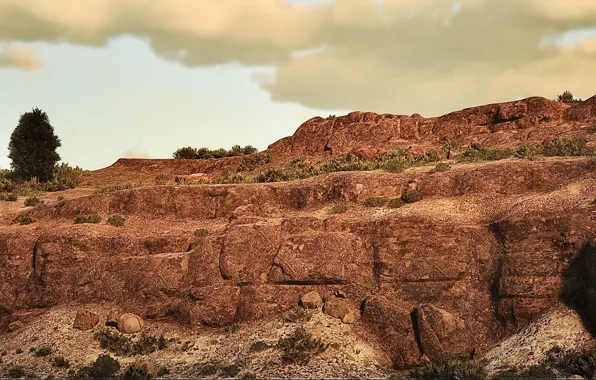 HDR, Clouds, Sky, Tree, Game, Rocks, Bush, Desert