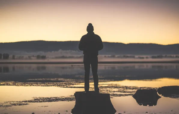 Twilight, sunset, lake, fog, hills, man, dusk, reflection