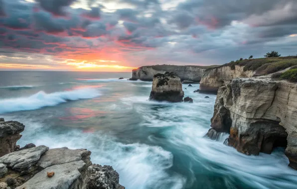 Море, волны, закат, тучи, скалы, берег, waves, sea