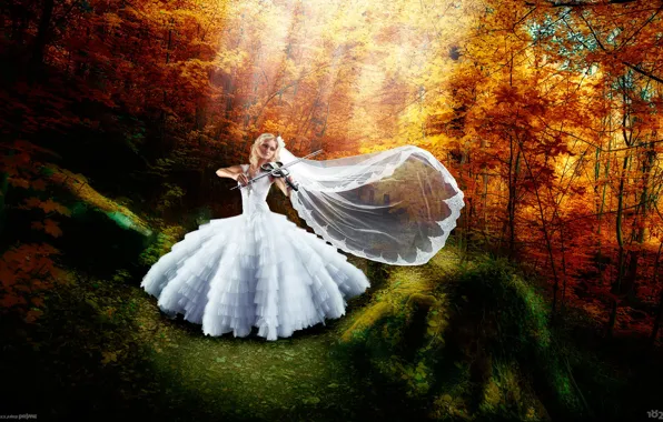 Картинка осень, девушка, радость, счастье, скрипка, платье, арт, невеста