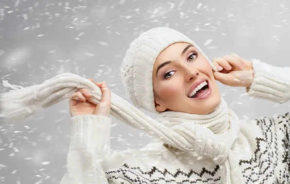Картинка девушка, снег, радость, ветер, шарф, шапочка, кареглазая