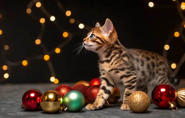Кошка, взгляд, шарики, огни, поза, темный фон, котенок, Рождество