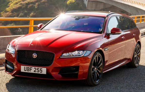 Дорога, car, машина, фары, Jaguar, водитель, red, спереди