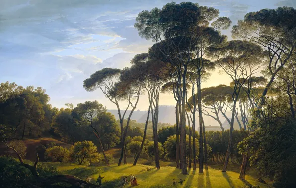 Картинка деревья, масло, картина, холст, Хендрик Воогд, Итальянский Пейзаж с Соснами