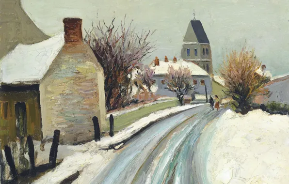 Картинка снег, пейзаж, дерево, дома, картина, городской, Марсель Диф, The Street of Perdreau Bois at Arcy …