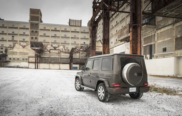 Зима, снег, здания, Mercedes-Benz, вид сзади, промзона, 2018, G-Class