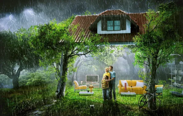 Картинка дом, дождь, семья, гостиная