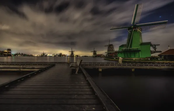 Облака, ночь, огни, Нидерланды, скамья, ветряная мельница, Зансе-Сханс