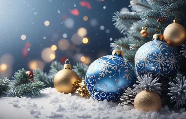 Картинка зима, снег, украшения, шары, елка, Новый Год, Рождество, golden