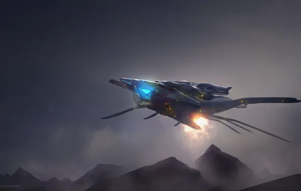 Горы, летательный аппарат, alien ship, sketch in 3dcoat