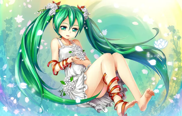 Девушка, цветы, ленты, букет, аниме, арт, vocaloid, hatsune miku