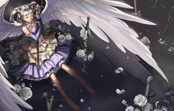 Девушка, оружие, розы, крылья, меч, аниме, eternita