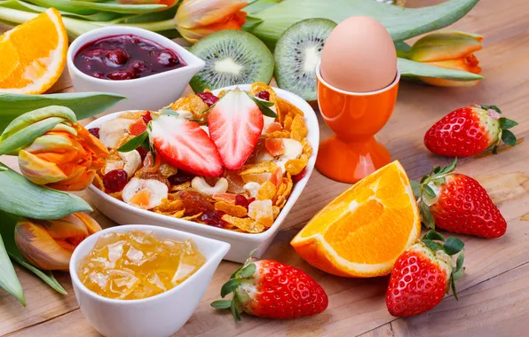 Картинка яйцо, апельсин, завтрак, киви, клубника, фрукты, джем, orange