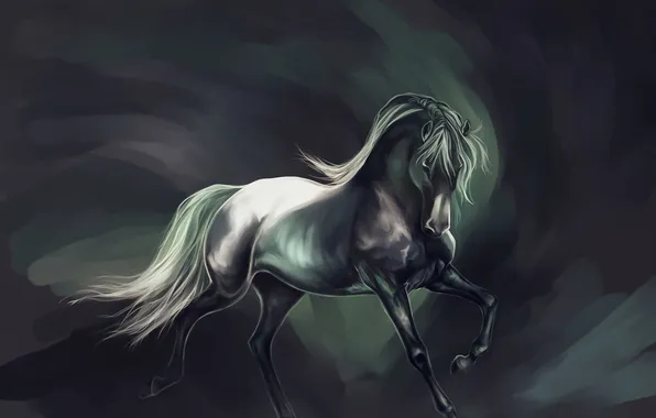 Картинка фон, животное, конь, лошадь, арт, грива, хвост, живопись