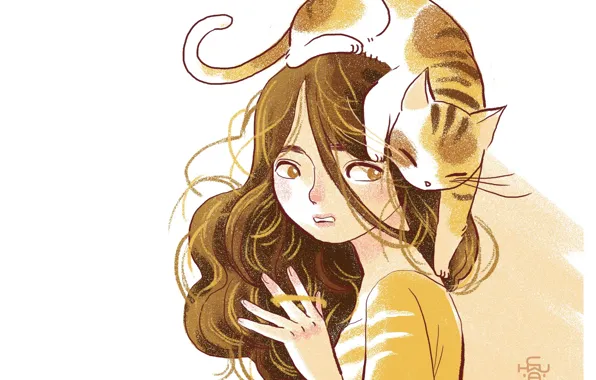Белый фон, шатенка, вьющиеся волосы, полосатый кот, на голове, девушка с котом, by Adventureofmoc