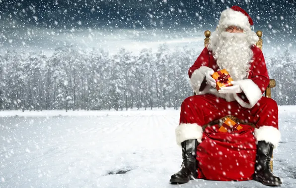 Картинка подарки, борода, праздник, на стуле, зима, снежинки, Санта-Клаус, фотошоп, мешок, очки, сидит, красный, снег, фон, …
