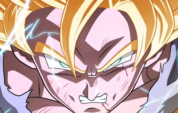 Power, blue eyes, blonde, shadows, lighting, angry, Goku, Dragon Ball Z