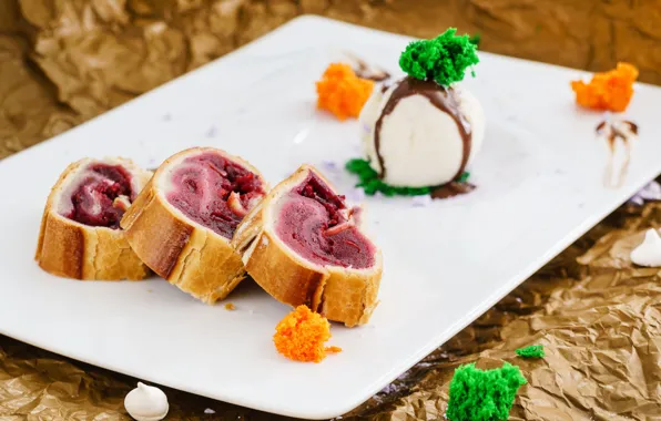 Вишня, шоколад, тарелка, пирог, мороженое, десерт, сладкое, chocolate