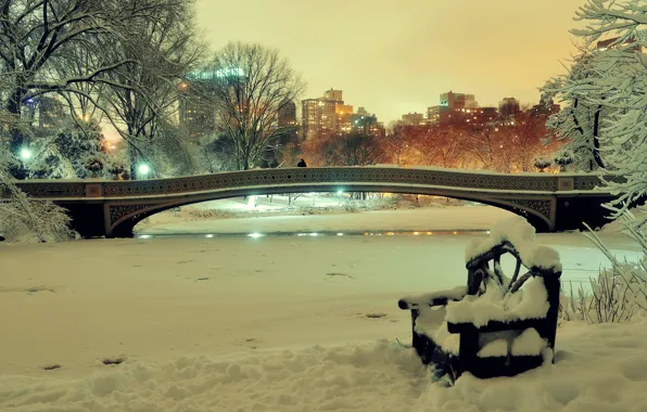 Картинка зима, снег, деревья, мост, city, парк, landscape, bridge